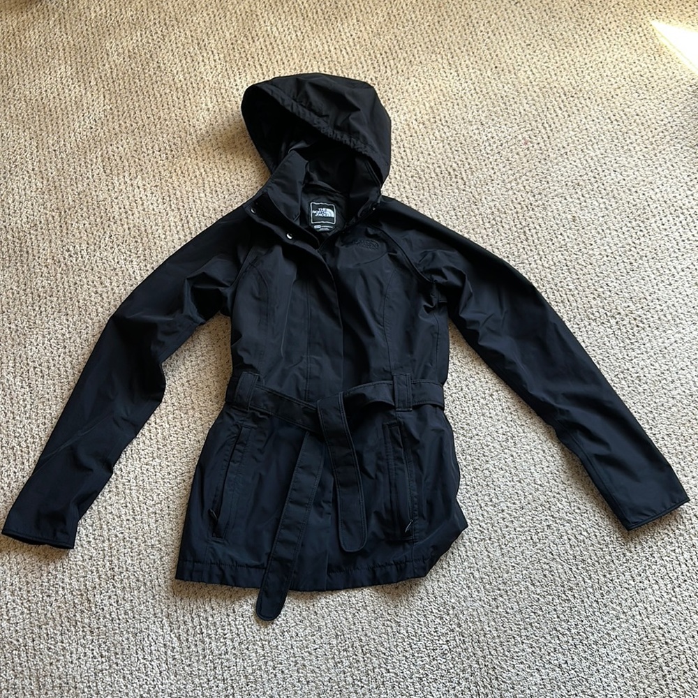 North Face Belted Hooded Black Raincoat